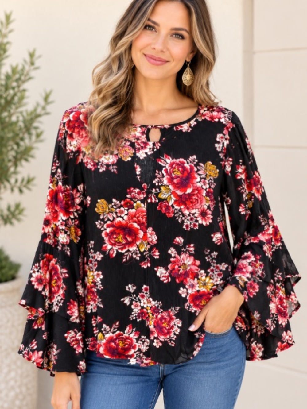 Gypsies & Moondust Floral Womens Top Size M Colorful Bell Sleeves